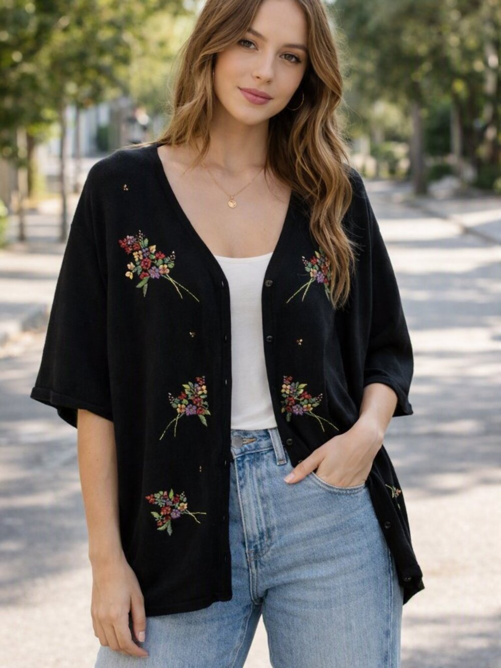 Vintage Black Floral Embroidered Women’s Button Cardigan